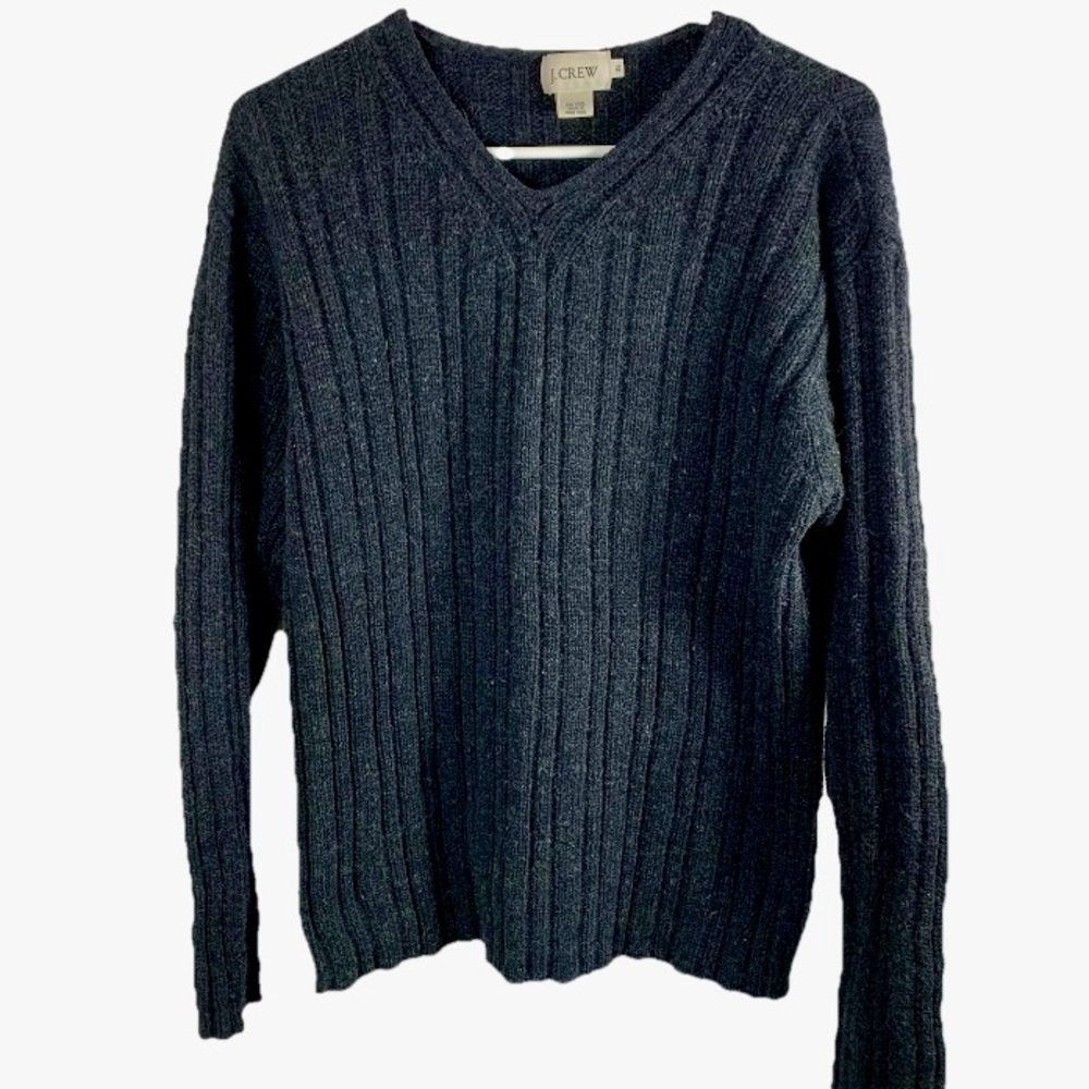 J Crew Sweater Wool Women XL V-Neck Preppy Academia Charcoal Gray Fisherman EUC